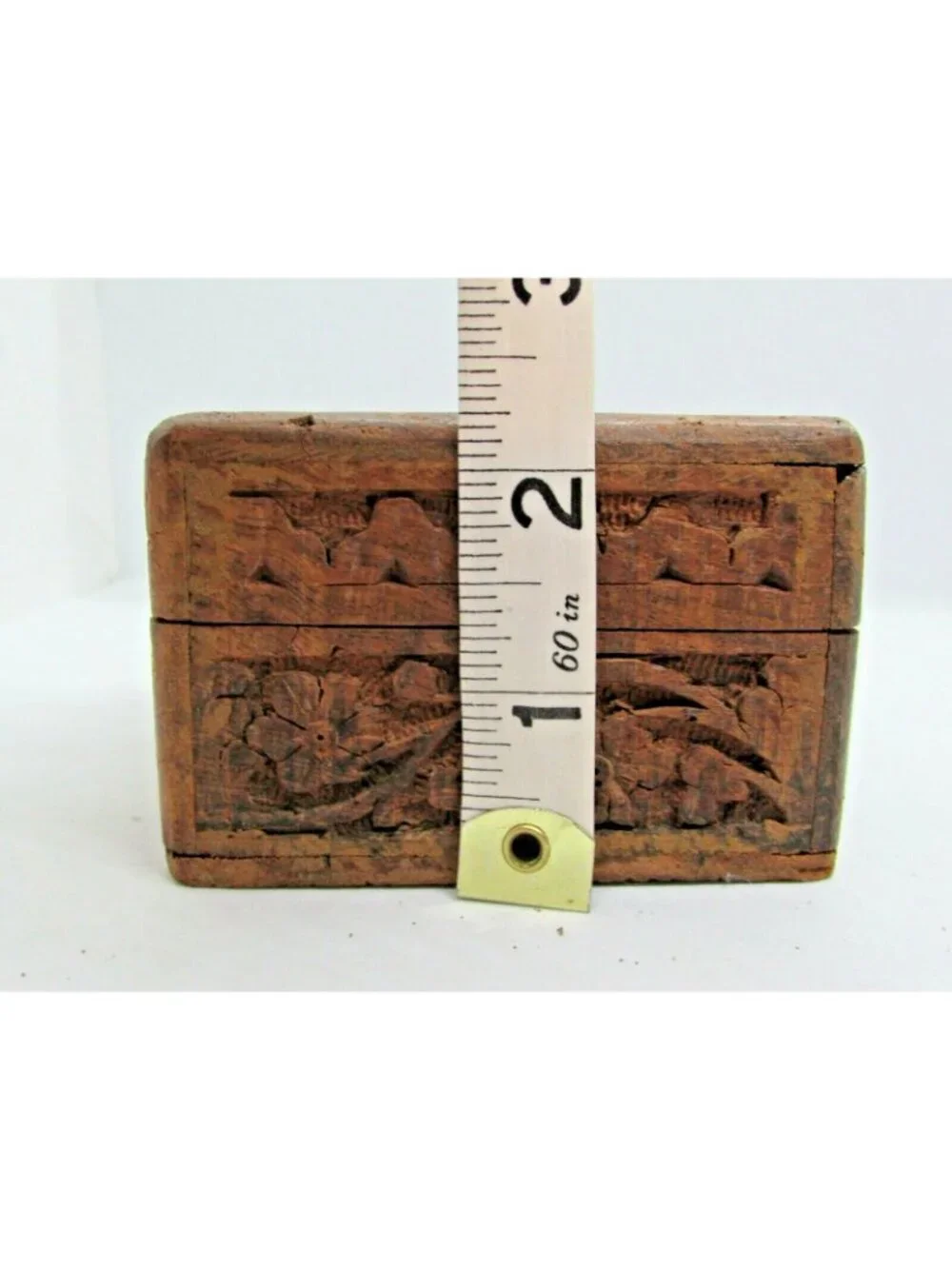 Vintage Hand Carved Floral Ivy Wooden Trinket Box India 5x3x2